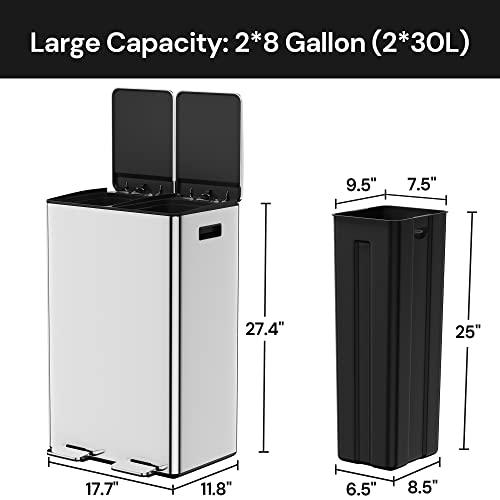 Sunsgrove Kitchen Trash Can 16 Gallon, Dual Garbage Bin Recycle Combo, In-Home Recycling Bin With Dual Compartments, Slim Stainless Steel, 60L Trash Bin For Kitchen/Office, Silver #TOP7