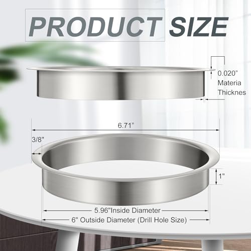 Image of Honeydak 2 Piece 6 inch (Nominal) Diameter x 1 inch Height 304 Polished Stainless Steel 6 inch x 1 inch Trash Grommets for Countertop Inserted Trash Kitchen Cabinet Counter Bin, Ease to Install