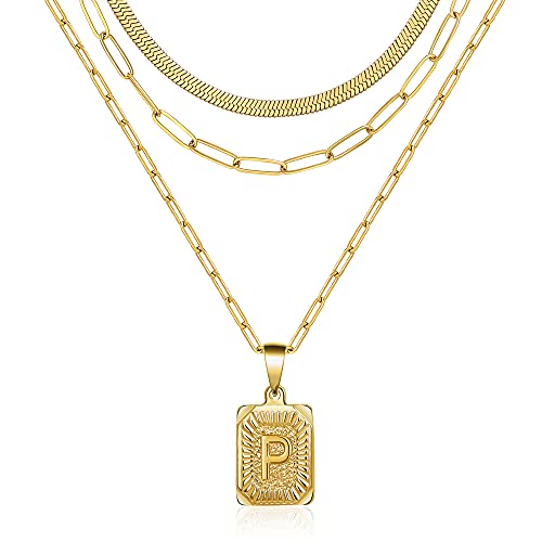 JoycuFF 18K Gold Necklaces for Teen Girls Plated Paperclip Necklaces for Women Herringbone Chain Simple Cute Letter Pendent Gold Initial Necklaces P