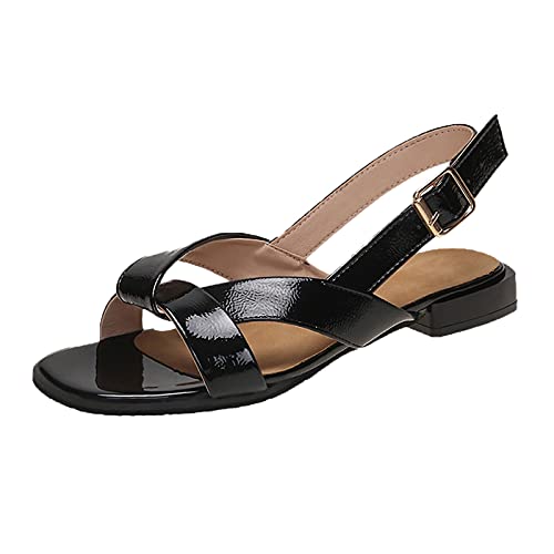 Women's Slingback Low Heel Sandals Fashion Open Toe Leather Block Heeled Sandals Pump Shoes