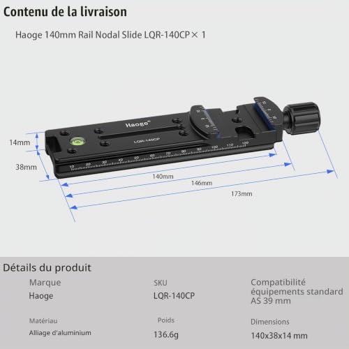Haoge 140mm Plaque de rail de mise au point à double queue d'aronde 140mm avec pince à dégagement rapide pour appareil photo panoramique panoramique gros plan macro compatible avec Arca RRS Benro Kirk – vue 7