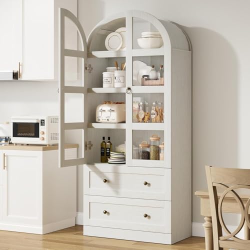 GarveeLife 72 Inch Tall Dome Bookcase with Drawers and Glass Door, 4-Tier Wooden Bookshelf with Arched Top and Display Shelves, Farmhouse Storage Cabinet for Home Office, Living Room, Entryway by GarveeLife - Image 3