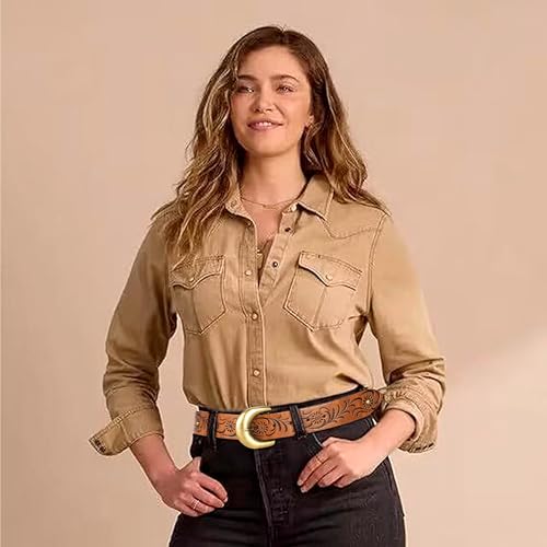 Image of Western-Leather-Belts-Women Vintage Waist-Belts with Hollow Out Flower