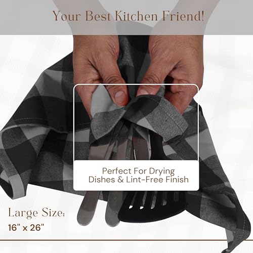 Image of 4 Pack Light Grey and Black Buffalo Check Kitchen Towels, 16 inchx26 inch, Plaid Dish Towels, Absorbent Cotton Cloths for Drying Hands, Cleaning Spills, Farmhouse Kitchen Decor, Holiday