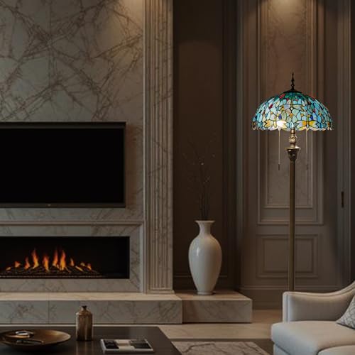 Image of Tiffany Style Floor Lamp, 16 inch Stained Glass Dragonfly Shade with Antique Bronze Base, 2-Light E26 Pull Chain Standing Reading Light for Living Room, Bedroom, UL Listed, 16x16x64 Inches