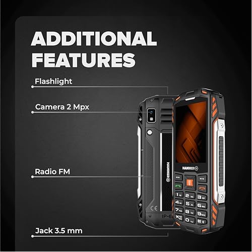 Hammer H Power Plus LTE Outdoor Handy ohne Vertrag, 4000mAh Akku, 128MB Memory, 64MB RAM, 2,8 IPS Display, große Tasten, Taschenlampe, 2 MP Kamera, FM-Radio, USB-C, Dual SIM Nano, Schwarz