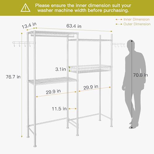 Ulif Clothes Drying Rack, Over Washer And Dryer Laundry Room Storage Shelf, Bathroom Towel Rack Space Saver With Adjustable Shelves, Wire Basket, And Rotatable Hooks, 63.4"L X 13.4"D X 76.7"H, White #TOP1