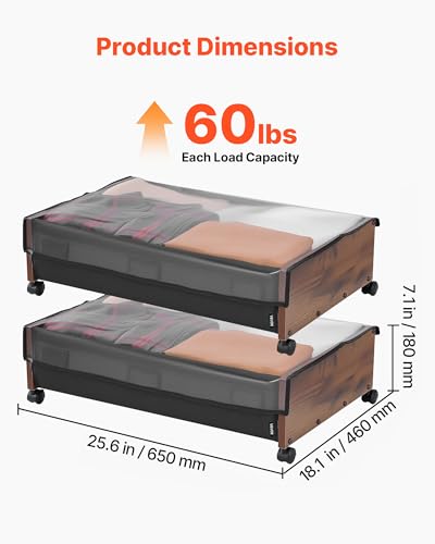 Image of VEVOR Under Bed Storage with Wheels, 36.0 x 18.1 x 7.3 inch, Underbed Containers with Clear Lid, Underbed Shoe Organizer, Rolling Under the Bed Storage Bins for Clothes Shoes Blankets Bedroom, 2 Pack