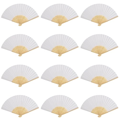 VIDETOL 32 Pcs White Handheld Paper Fan, Paper Folding Fans with Bamboo Handle, Papers Fans for Wedding Decoration, Party Decoration, Party Favors and DIY Decoration