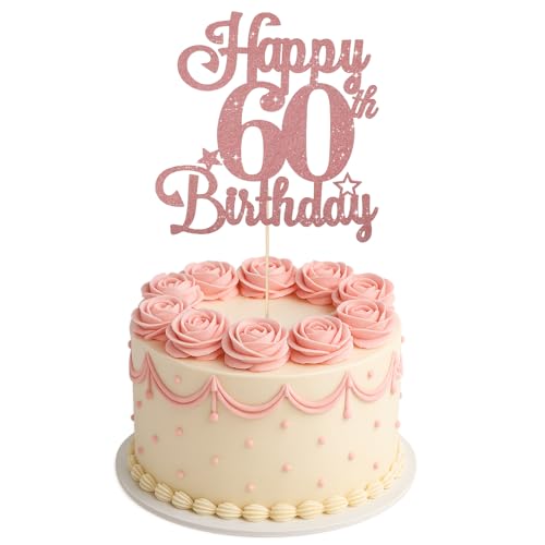 ZEYIYER 60th Cake Toppers, 60th Happy Birthday Cake Decoration for Women Ladies, 60 Years Old Cake Pick for Party Supplies (Rose Gold)