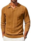 COOFANDY Mens Long Sleeve Knit Polo Shirt with Collar Casual V-Neck Polo Vintage Fall Sweater Yellow