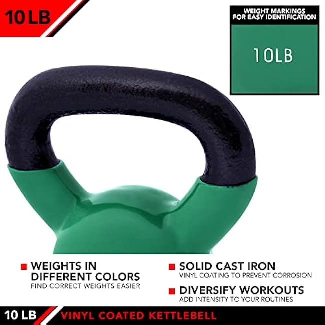 JFIT Kettlebell Weights Vinyl Coated Iron - 12 Size Options, 5lbs-50lbs - Coated for Floor and Equipment Protection, Noise Reduction, Ballistic, Core, Weight Training
