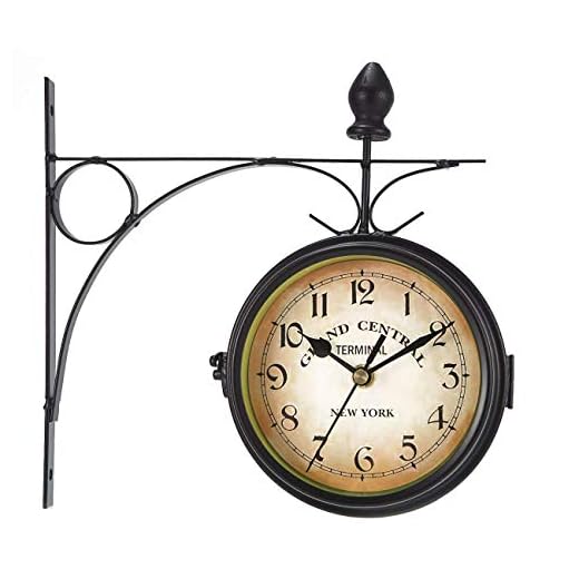 WICHEMI Wall Clock Double Sided 9.8"/25cm Vintage Wrought Iron Wall Clock Hanging Clocks European Style Train Station Clocks Decor Patio Garden Home Living Room Bedroom