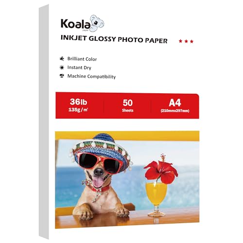 Koala Thin Glossy Inkjet Printer Paper for Inkjet Printers for DIY Chip Bag and Print Brochure Flyer A4 Size 135GSM 50 Sheets 36LB