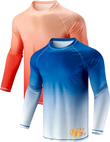2 Pack Men's Sun Protection Long Sleeve Swim Shirts UPF 50+ Loose Fit Rash Guards Fishing Quick Dry Clothing (Set 4, Large)