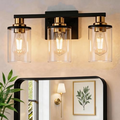 DORESshop Bathroom Light Fixtures 3-Light Black and Gold Bathroom Lights Over Mirror with Clear Glass Shade Vanity Lights for Bathroom Hallway Bedroom Living Room ETL Listed