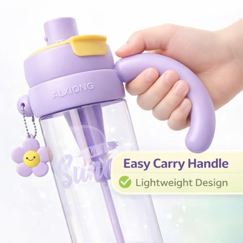 Image of Vasukie 1200ml Kids Water Bottle with Sipper Cap | BPA-Free, Anti-Leak & Stylish | Light Purple, Perfect for School Girls & Kids (Daisy Handle Bottle)