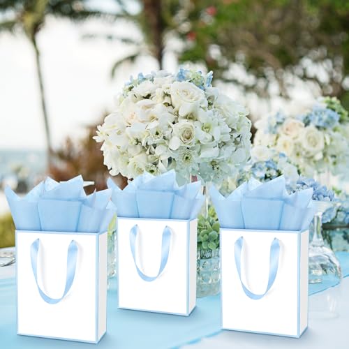 Image of Yeaqee 24 Pack Metallic Paper Gift Bags, White, Blue
