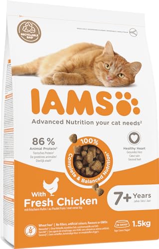 IAMS Senior Katzenfutter trocken - Trockenfutter für ältere Katzen ab 7 Jahren mit frischem Huhn, 1,5 kg
