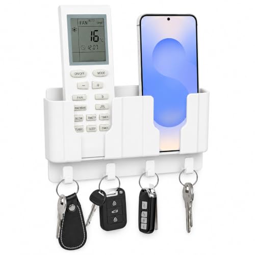 Image of CERLINK Wall Mounted Mobile Holder for Phone & TV Remote | ABS Storage Organizer with 2 Compartments, 2 Key Hooks and Strong Self-Adhesive No-Drill Installation (White)