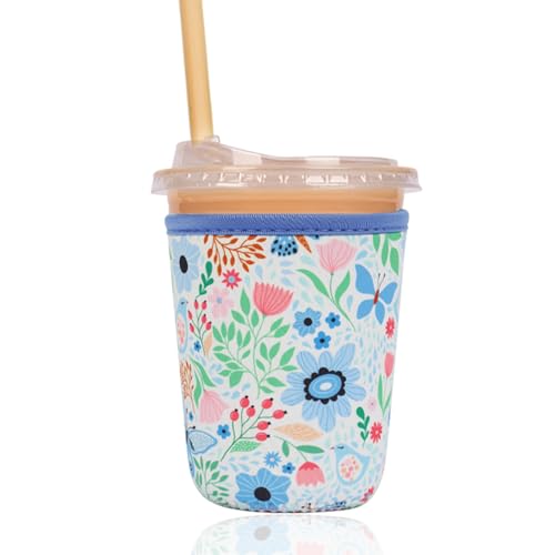 Image of Reusable Insulated Sleeve for Iced Coffee Cup, Coffee Neoprene Sleeve for Cold & Hot Drinks, Beverage Holder for Iced Coffee (Butterfly Bloom, Small: 16-18oz)