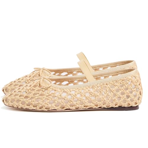 Arqa Women's Raffia Soft Ballet Flats Bow Tie Mesh Ballerina Shoes for Women Elastic Strap Braided Mary Jane Flat