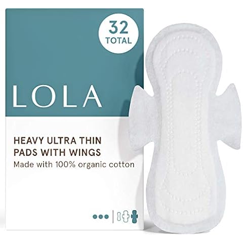 LOLA Ultra Thin Menstrual Pads with Wings, Heavy Absorbency - 32 Count - Organic Cotton Topsheet & Core, Natural Ingredients, Chlorine & Toxin Free, Powerful Leak Protection - BPA Free Cover