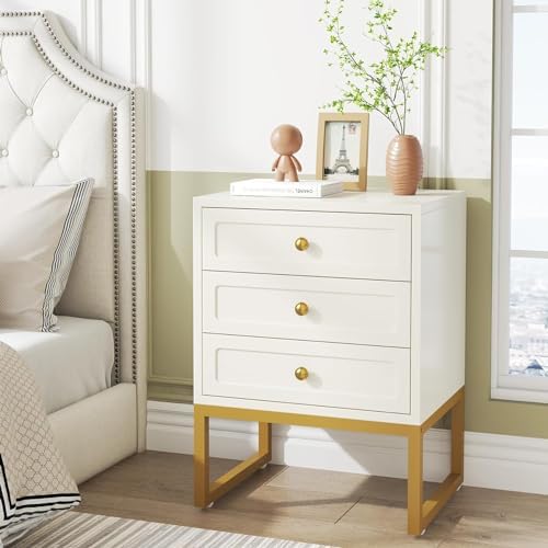 Tribesigns 3Drawer Nightstand Tall White and Gold Bedside