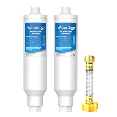 Waterdrop RV/Marine Water Filter with 1 Flexible Hose Protector, Camper Water Filter, Garden Hose Filter, NSF Certified, Greatly Reduces Chlorine, Bad Taste, Odor, 2 Pack