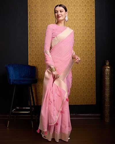 Image of SWORNOF Womens Linen Silk Saree | Saree for Women With Unstitched Blouse | Saree with Blouse Piece | Soft and Skin Friendly