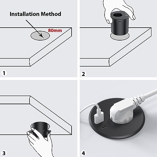 Prise encastrable plan de travail 80mm Dinolink avec USB C et câble de 2m pour bureau noir