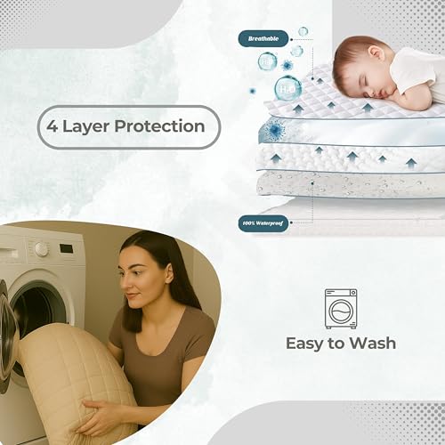 Image of Waterproof Cotton Quilted - Breathable, Hypoallergenic, Noiseless Ultra Soft Fitted Bed Cover with 3 Layers of Protection, 100% Waterproof, No-Slip Design | Beige, Single (36 * 78)