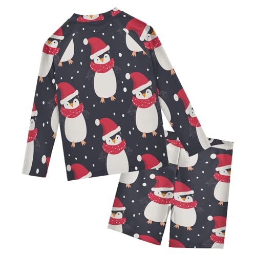 Merry Christmas Penguin Snow Boys Swimsuit Rash Guard Toddler Kids Long Sleeve Swim Shirt and Trunks Swimwear Set 3-10Y2