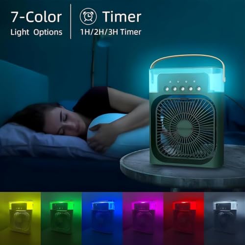 Image of DRUMSTONE (Luxurious 5 Year Warranty) Portable Mini Air Cooler with Mist Function, USB Powered Desk Fan, 600ml Water Tank, 3 Fan Speeds, 7-Color LED Light, Timer Function GREEN
