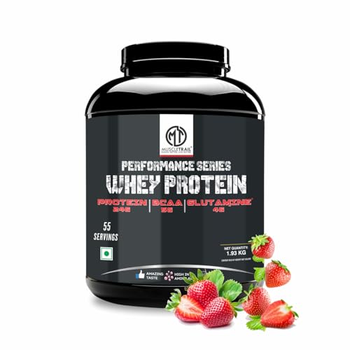 Image of MuscleTrail Performance Series Whey Protein | 24g Protein, 5g BCAA, 4g Glutamine | 55 servings (1.92Kg, Strawberry)