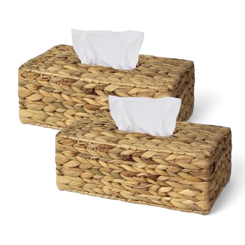Set 2 of pcs Water Hyacinth Hand Woven Rectangular Tissue Box Cover Holder | Rustic Wicker Straw Tissue Paper Box Napkin Dispenser Organizer for Kitchen, Bathroom and Office with a Free Tissue Box