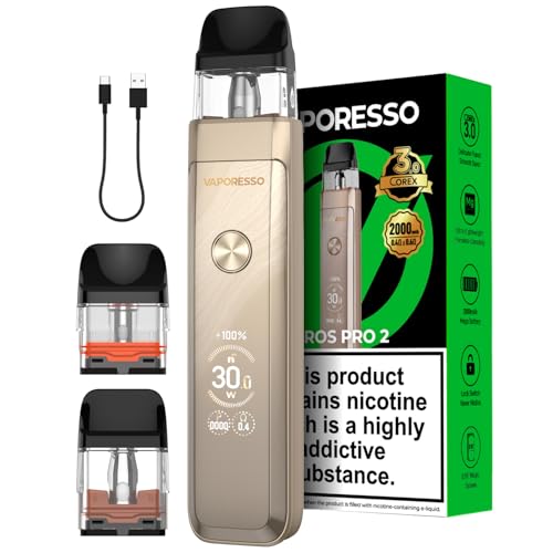 Vaporesso Xros Pro 2 Vape Pod Kit 30W, [7 COLOURS] Built in 2000mAh Mega Battery [Ultra-Light 65g Alloy Body] Compatible with XROS Pods, Fast Charge, 2ML TBD, No Nicotine (Glittering Gold)