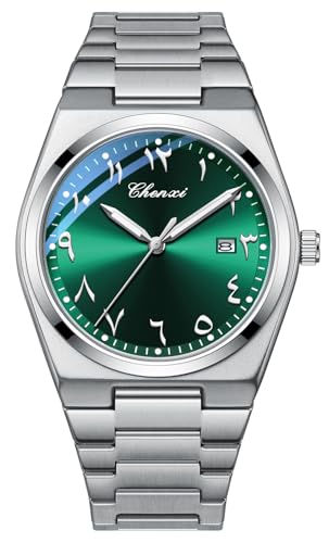 MASTOP Arabic Dial Men's Quartz Watch Silver Stainless Steel Luminous Waterproof Business Casual Wristwatch with Date Display (Silver Green)
