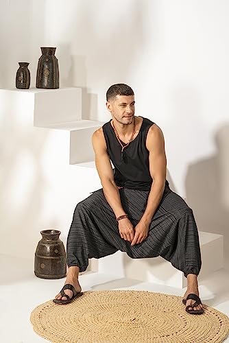 Image of The Veshti Company Cotton Baggy Pants Drop Crotch Harems for Men's Loose Boho Oversized Striped Meditation Yoga Pant with Pocket