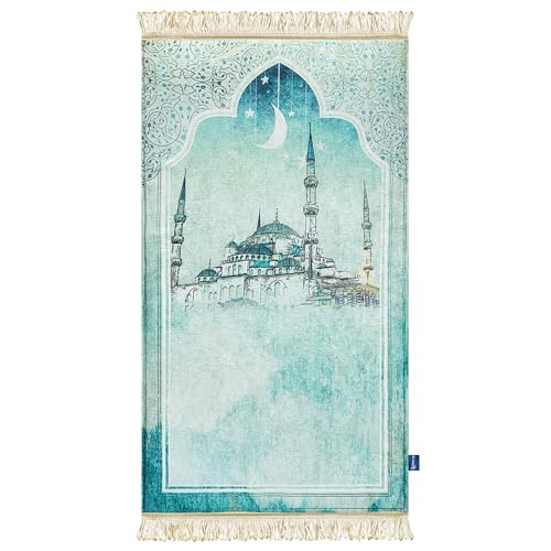East West Souk Original Prayer Mat – Soft & Comfortable Islamic Prayer Rug (Light Green Mosqu)