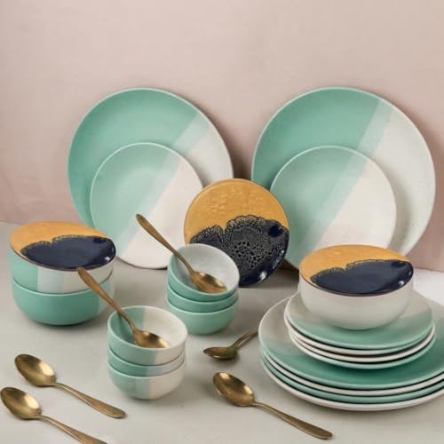 Image of The Earth Store Handcrafted TT Green Matte Ceramic Dinner Set, 30 Pieces Serving for 6, Microwave and Dishwasher Safe, Bone-Ash Free, Dinner Sets | Crockery Set for Gifting & Dining