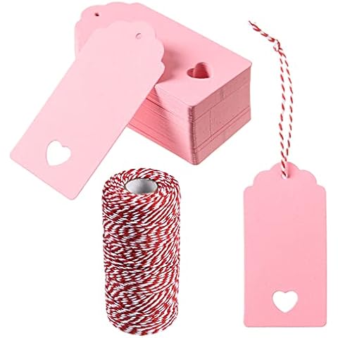 360 Pcs Valentine's Day Gift Tags Pink Kraft Paper Gift Tags Valentine’s Day Hanging Gift Label Tags Pink Name Price Tags with String for Wedding Birthday Party Gift Wrapping Decorations, 2 x 4" Cover