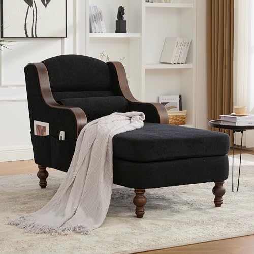 Klwenas Maec Mid-Century Chenille Chaise Lounge Chair Indoor, Modern Black
