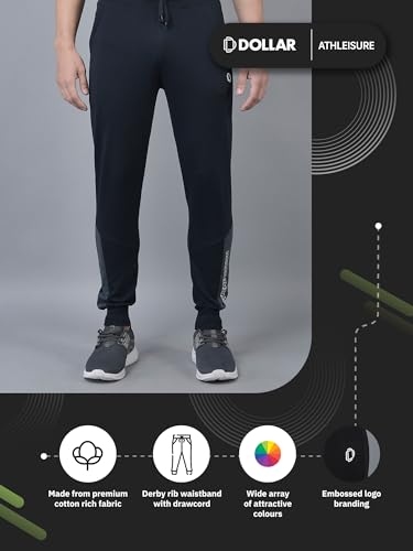 Image of Dollar Cotton Rich French Terry Fabric Solid Men's Jogger | Contrast Cut & sew Panels | Derby Rib Waistband with Drawcord | Cross Pockets with Zip on one Side | Embossed Logo Branding on Front Panel