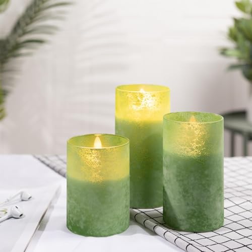 Image of Green Flameless Candles with Remote, Real Wax Battery Operated Candles with Timer, Set of 3 Electric LED Pillar Fake for Party Halloween Christmas Home Living Room Decor