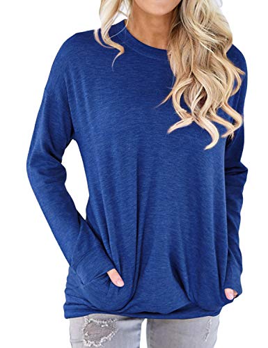 Nlife Women Long Sleeves Shirt Loose Fit Casual Pullover Tops with Pocket Pure-Blue