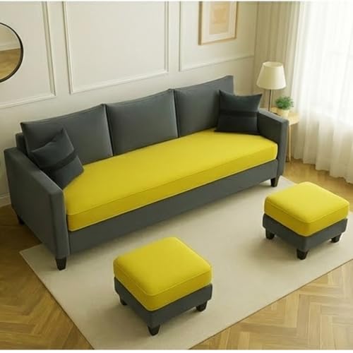 Image of FURNY Oreoy 5 Seater L Shape Sofa Set with 2 Movable Ottoman | Flexible Left or Right Layout | Plush Velvet Fabric (Yellow-Dark Grey) | Perfect for Living Room, Guest Room & Office