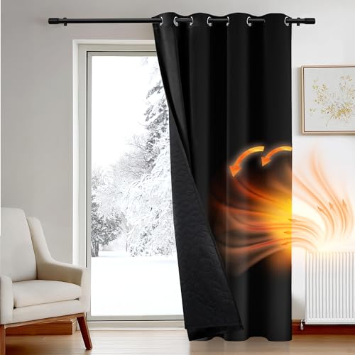 Deconovo Thermal Door Curtains for Winter, Window Panel with Thick Microfiber Lining, Draught Reduction Eyelet Blackout Curtain for Bedroom, 52 x 90 Inch (W x H), Black, 1 Piece
