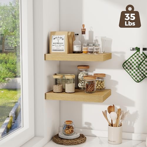 Image of Fun Memories 12 Inch Deep Floating Shelves, 16 x 12 Wooden Wall Shelves, Extra Deeper & Thicker Rustic Wall Mounted Storage Shelf for Fireplace, Living Room, Kitchen, Farmhouse, Oak - 2Pack