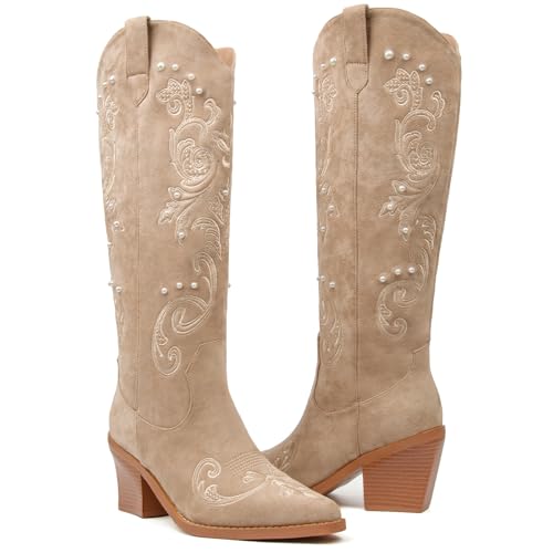 Image of Western Cowboy Boots for Women Knee High Cowgirl Boots with Classic Embroidered, Pointed Toe Chunky Heel Fashion Retro Classic Pull On Tall Boot Women Fall Winter